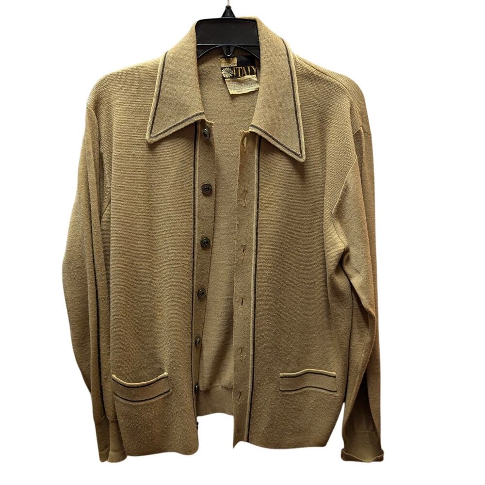 Vintage Montgomery Ward Italy Knit Cardigan Sweater Tan Medium Mid-Century Retro